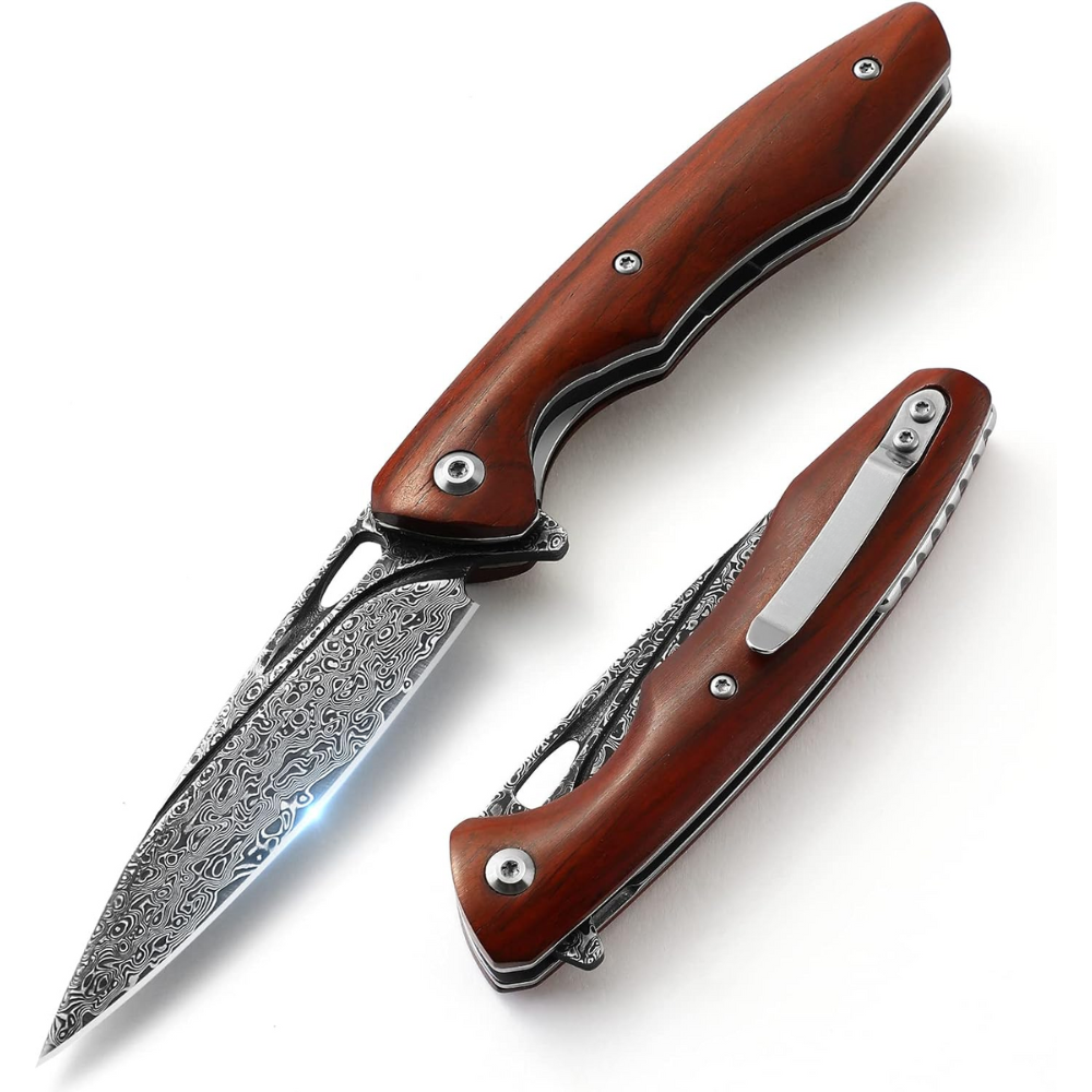 Wood Handle Pocket Knives – Quicksilver Handmade Japanese Damascus Pocket Knife with Exotic Red Sandalwood Handle – Shokunin USA