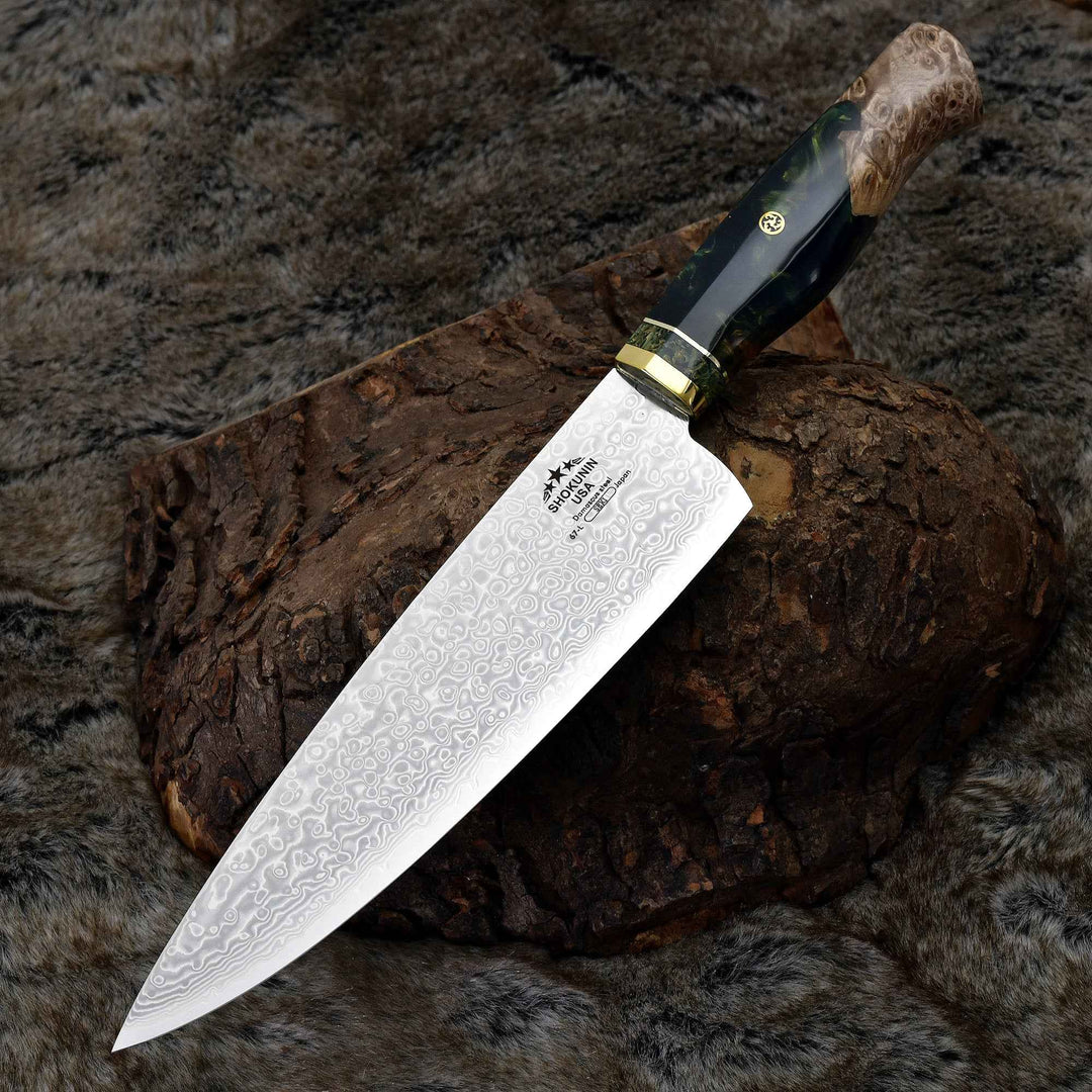 Engraved Chef Knife Gifts – Shinobi VG10 Handmade Damascus Chef Knife with Exotic Olive Wood Handle – Shokunin USA