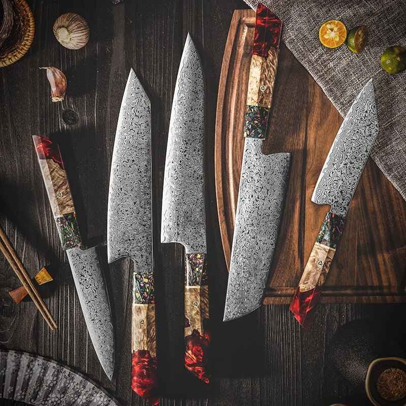 Japanese Damascus Knife Sets – Pristine Japanese Chef Knife Set with VG-10 Damascus Steel Exotic Stabilized Olive Wood Handle & Sheath – Shokunin USA