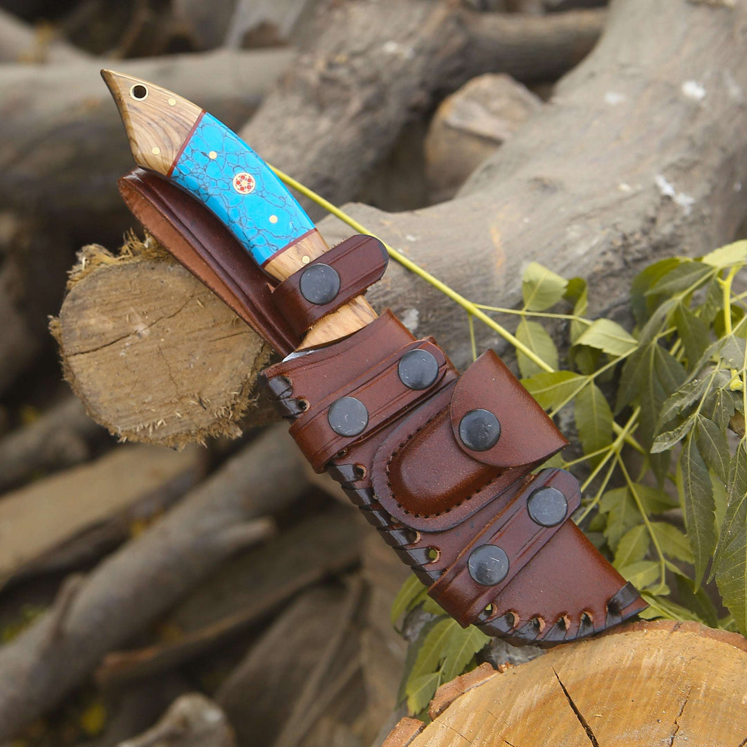 Hunting Knife - Flo Damascus Hunting Knife with Exotic Olive Wood &amp; Turquoise Handle - Shokunin USA