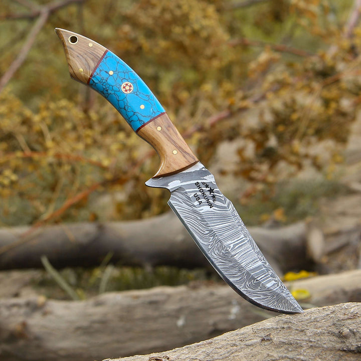 Hunting Knife - Flo Damascus Hunting Knife with Exotic Olive Wood &amp; Turquoise Handle - Shokunin USA