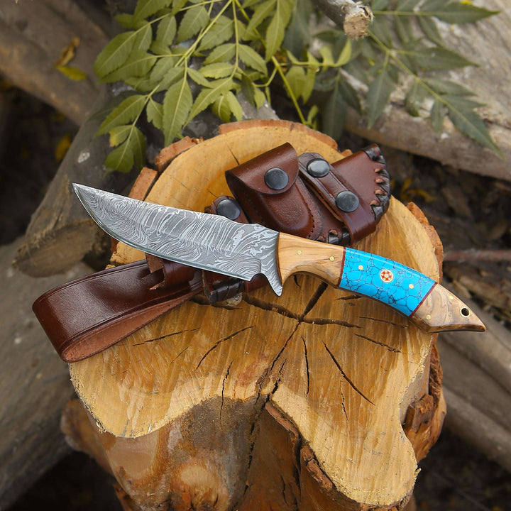 Hunting Knife - Flo Damascus Hunting Knife with Exotic Olive Wood &amp; Turquoise Handle - Shokunin USA