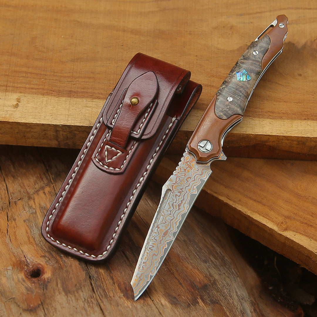 Pocket knife - Elite Handmade Japanese VG-10 Copper Damascus Pocket Knife with Stained Maple Burl Handle & Sheath - Shokunin USA