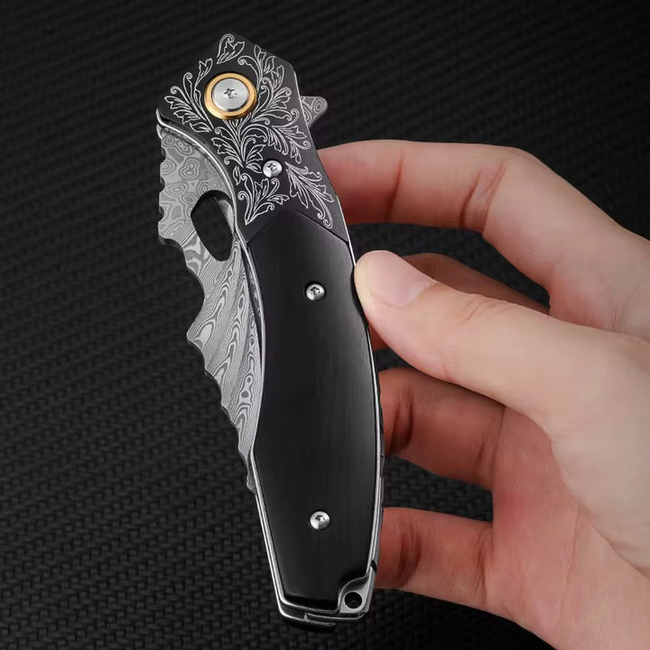 Damascus Knife - Specter Handmade Japanese VG10 Damascus Pocket Knife with Sheath & Ebony Wood Handle - Shokunin USA