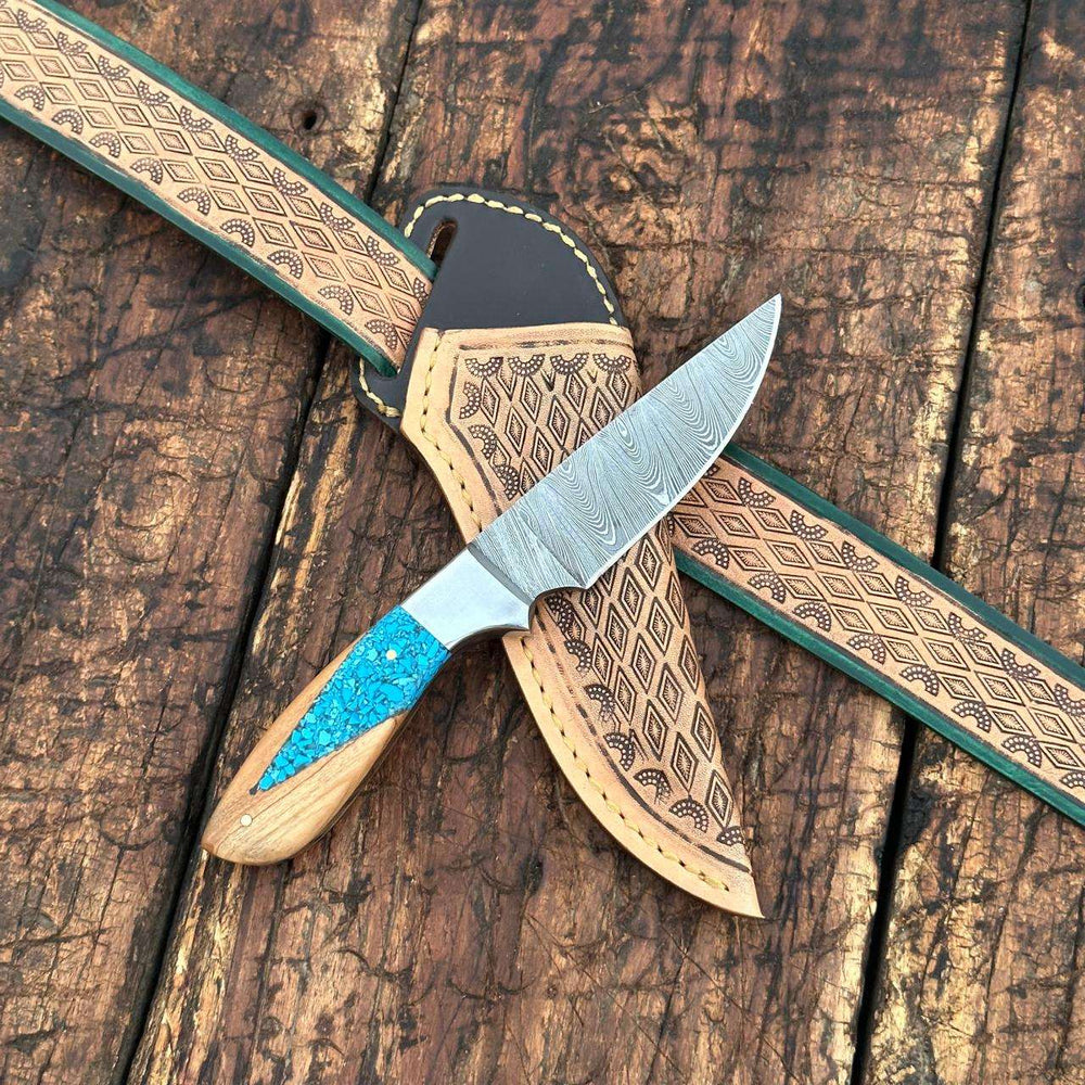 Fixed blade knife. - Canyon Damascus Skinner Knife with Hand tooled Sheath & Belt - Shokunin USA