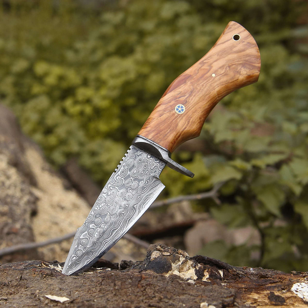 Custom Hunting Knife - Outrider Damascus Custom Hunting Knife with Exotic Olive Wood Handle - Shokunin USA