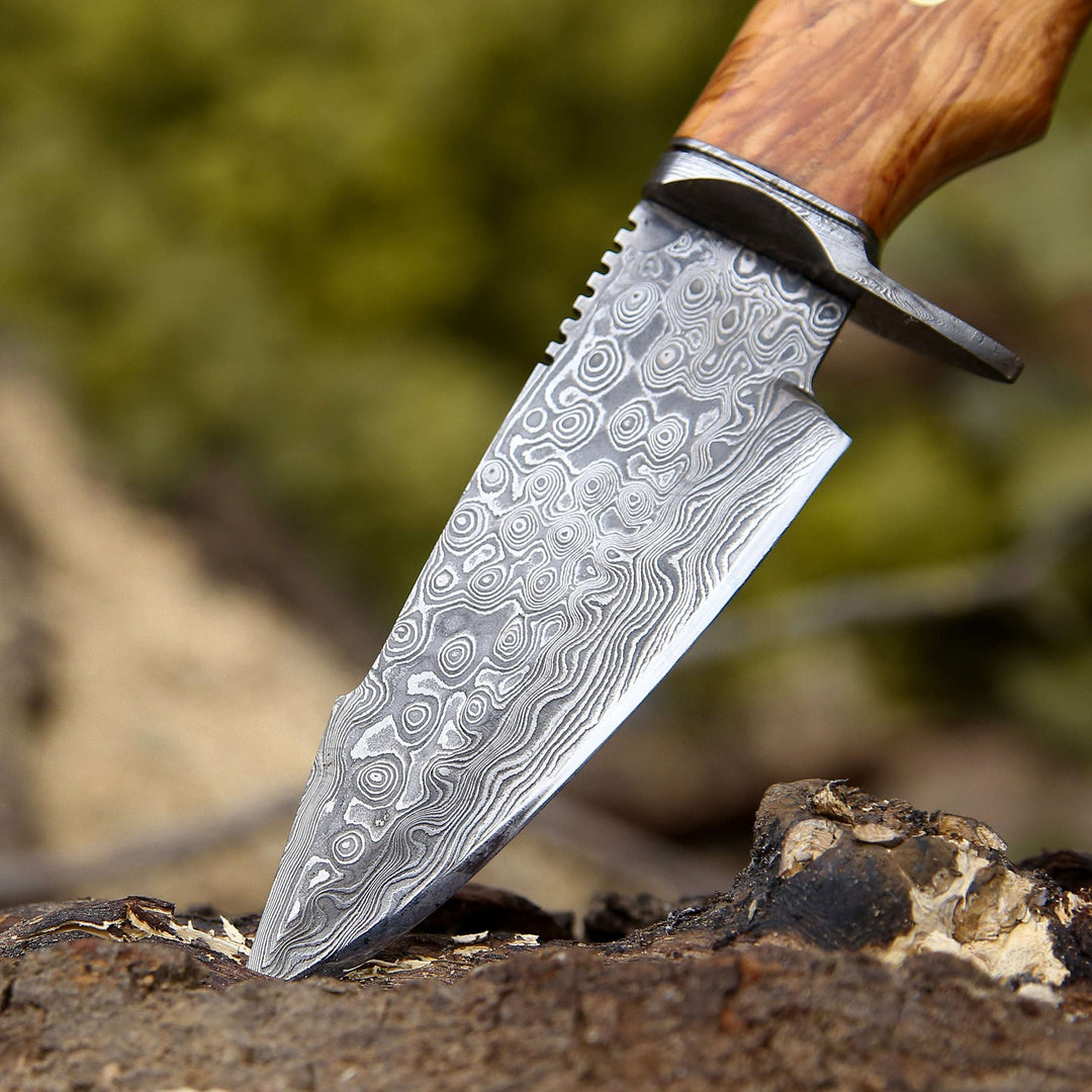 Custom Hunting Knife - Outrider Damascus Custom Hunting Knife with Exotic Olive Wood Handle - Shokunin USA