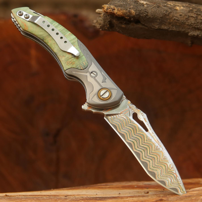 Pocket Knives - Atlas Gentleman's Copper Damascus Pocket Knife with Maple Burl Wood Handle and Sheath - Shokunin USA