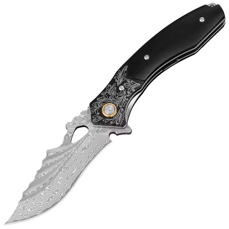 Damascus Knife - Specter Handmade Japanese VG10 Damascus Pocket Knife with Sheath & Ebony Wood Handle - Shokunin USA
