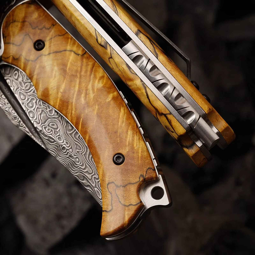 handmade 8.5 inch vg10 pocket knife - Inferno Japanese VG10 Damascus Pocket Knife with Exotic Birch Burl Handle - Shokunin USA