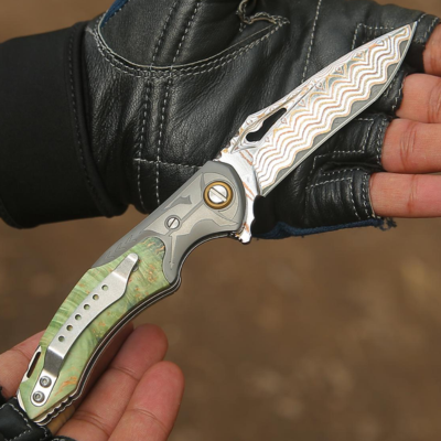 Pocket Knives - Atlas Gentleman's Copper Damascus Pocket Knife with Maple Burl Wood Handle and Sheath - Shokunin USA