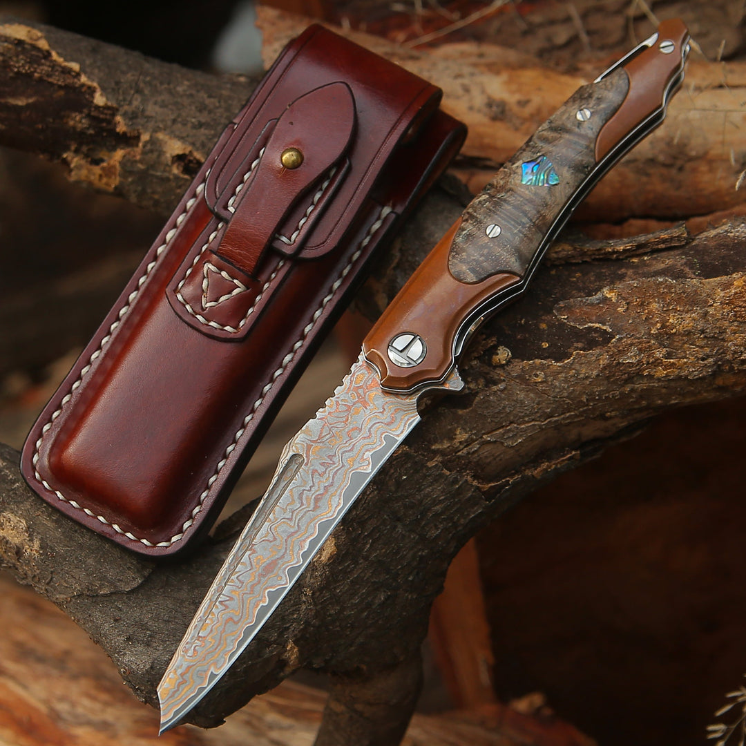 Pocket knife - Elite Handmade Japanese VG-10 Copper Damascus Pocket Knife with Stained Maple Burl Handle & Sheath - Shokunin USA
