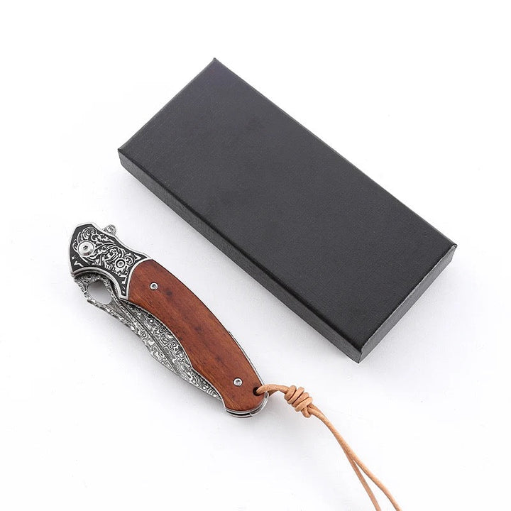 Meteor Engraved Steel - Meteor Engraved Damascus Steel Pocket Knife with Exotic Red Sandal Wood Handle - Shokunin USA