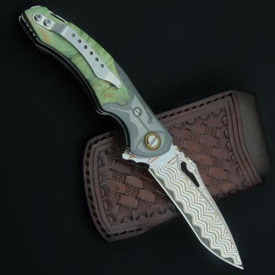 Pocket Knives - Atlas Gentleman's Copper Damascus Pocket Knife with Maple Burl Wood Handle and Sheath - Shokunin USA