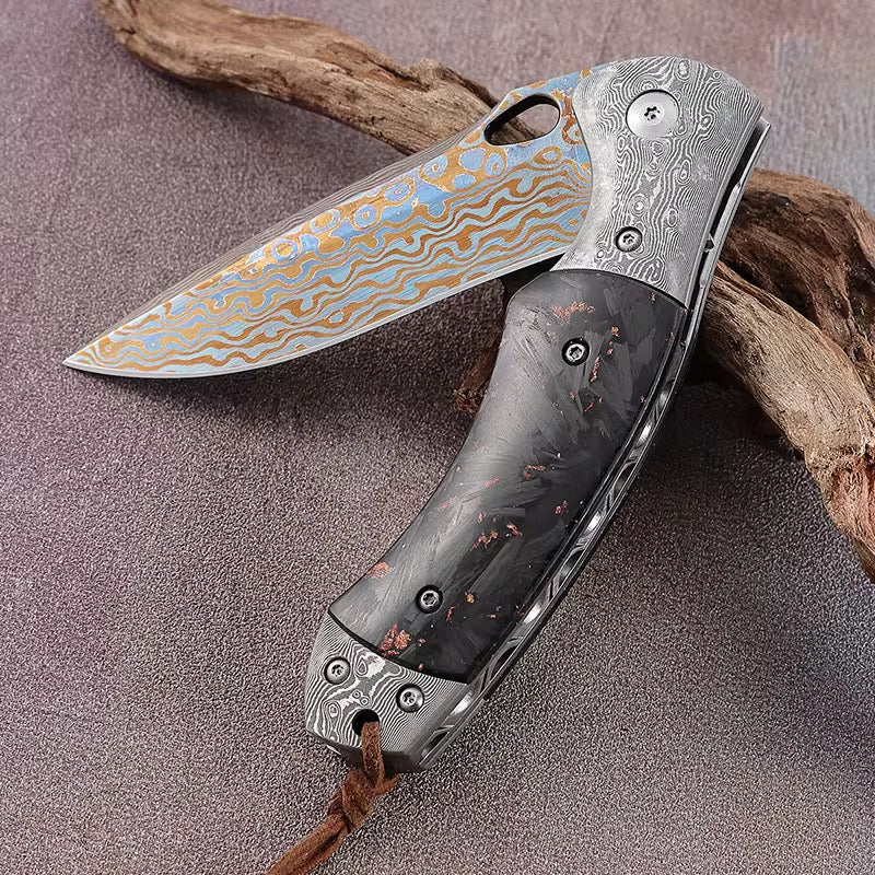 Damascus Knife - Centurion Timascus Pocket Knife with Crushed Carbon Fiber Handle & Sheath - Shokunin USA