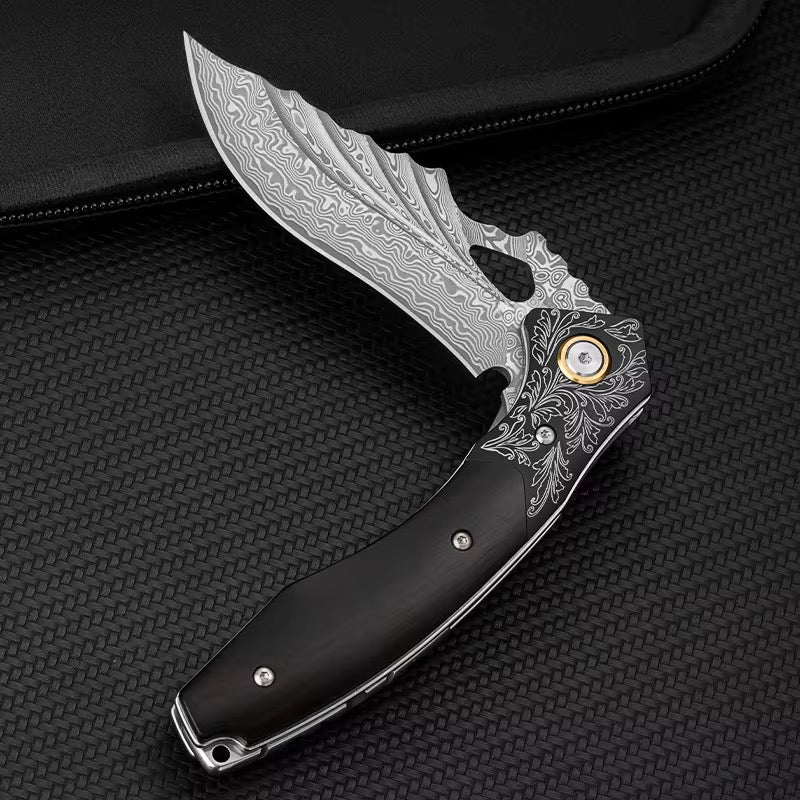 Damascus Knife - Specter Handmade Japanese VG10 Damascus Pocket Knife with Sheath & Ebony Wood Handle - Shokunin USA