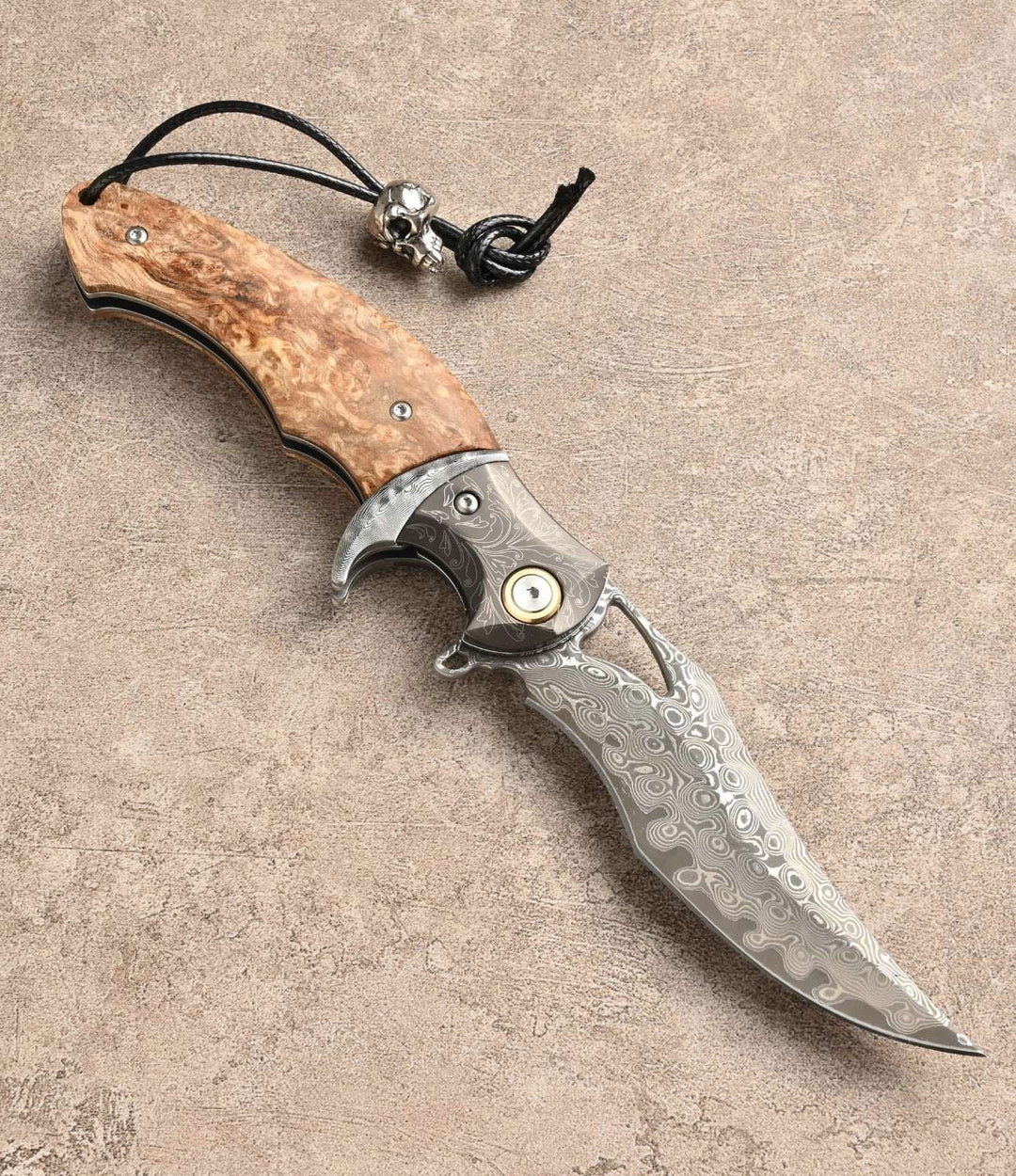 Damascus Knife - Crest Japanese Damascus Pocket knife with Maple Burl Handle - Shokunin USA