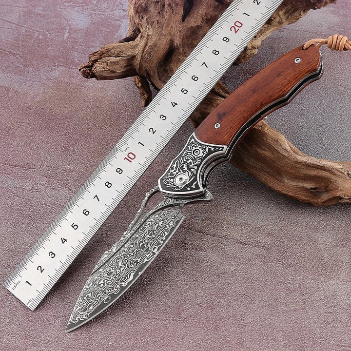Meteor Engraved Handle - Meteor Engraved Damascus Steel Pocket Knife with Exotic Red Sandal Wood Handle - Shokunin USA