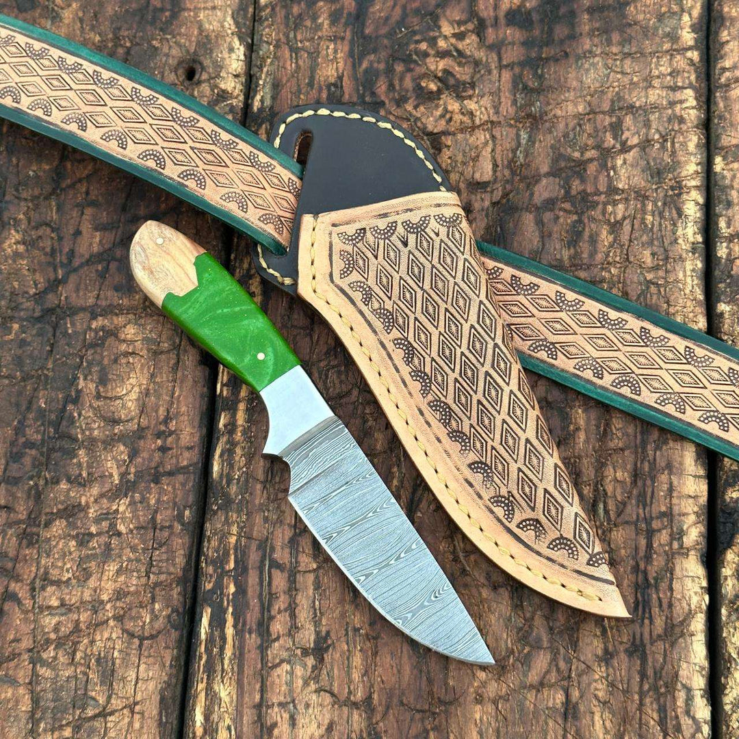 Skinning Knife - Yellowstone Damascus Skinner Knife with Hand tooled Sheath &amp; Belt - Shokunin USA