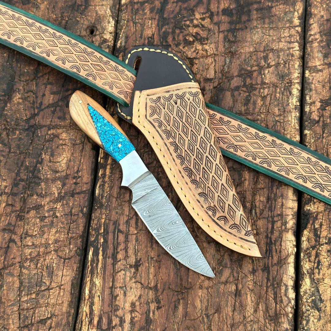 Fixed blade knife. - Canyon Damascus Skinner Knife with Hand tooled Sheath & Belt - Shokunin USA