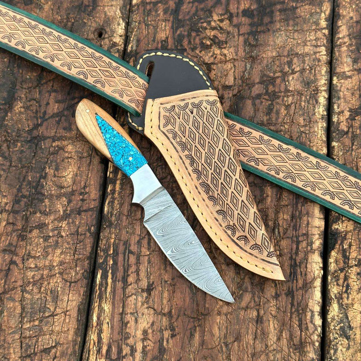 Fixed blade knife. - Canyon Damascus Skinner Knife with Hand tooled Sheath & Belt - Shokunin USA