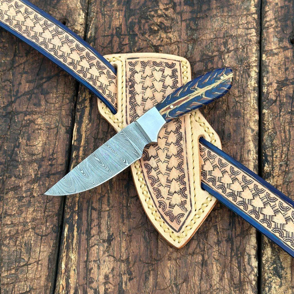 Fixed blade knife. - Rio Grande Damascus Skinner Knife with Handtooled Sheath & Belt - Shokunin USA