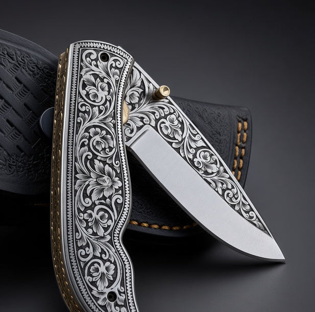Outlaw Pocket Knife - Outlaw Handmade Damascus Pocket Knife with Engraved Steel Handle - Shokunin USA
