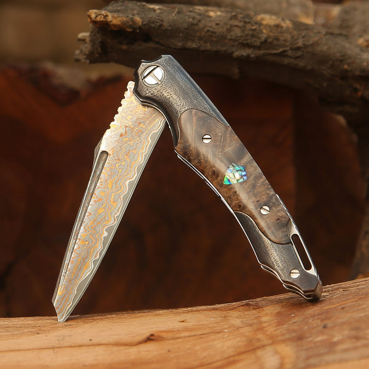 Damascus Pocket Knife - Ironhide Damascus Pocket Knife with stained maple burl handle - Shokunin USA