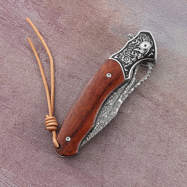 Meteor Engraved knives - Meteor Engraved Damascus Steel Pocket Knife with Exotic Red Sandal Wood Handle - Shokunin USA