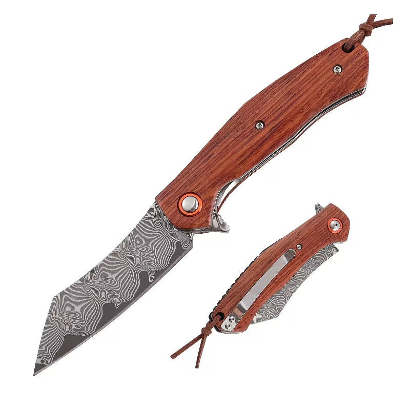 Damascus Knife - Dominator Japanese VG10 Damascus Pocket Knife with Sandalwood Handle & Sheath - Shokunin USA