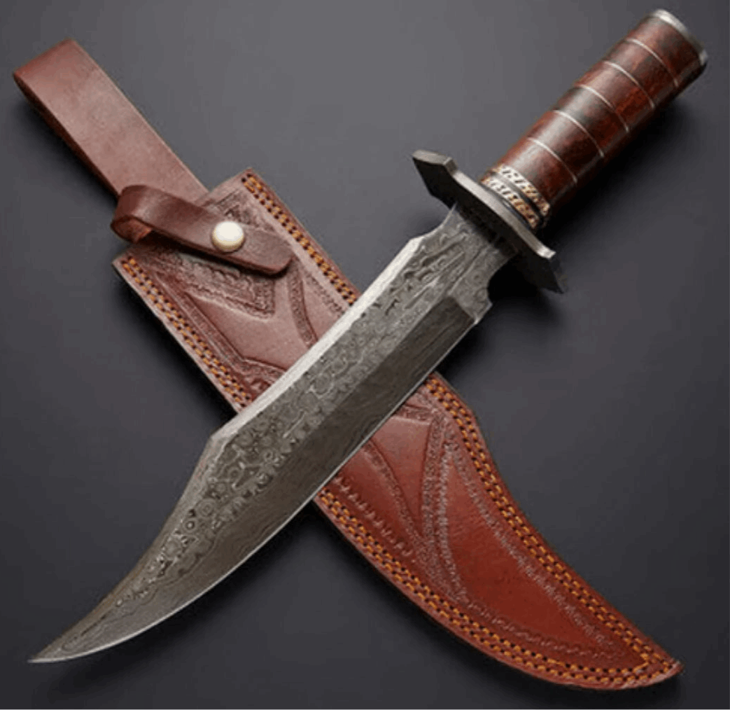 Bowie Knife - Blackiron Damascus Steel Bowie Knife with Rose Wood Handle & Sheath - Shokunin USA