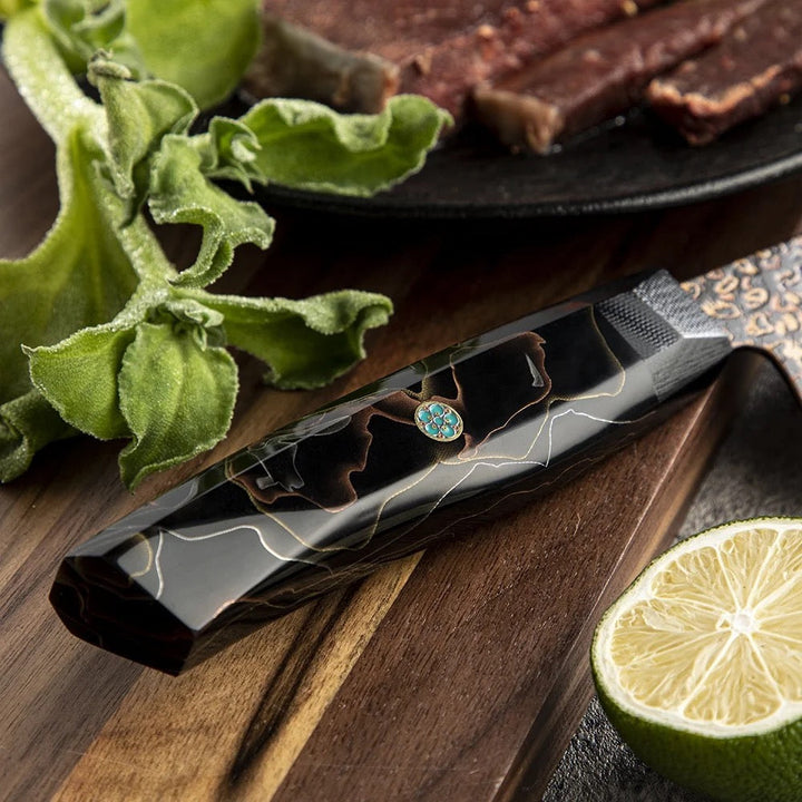 Majestic Copper Knife - Majestic Japanese Copper Damascus Chef Knife with Rare Raffir Noble Handle Handle - Shokunin USA
