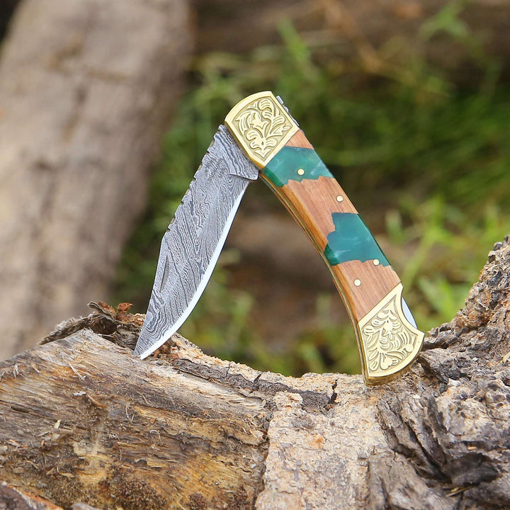 EDC Knife - Flashblade Handmade Damascus Best EDC Pocket Knife with Leather Sheath & Olive Wood Handle - Shokunin USA