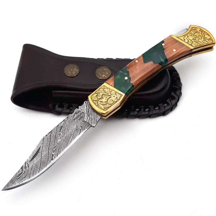 Flashblade Handmade Damascus Best EDC Pocket Knife with Leather Sheath &amp; Olive Wood Handle