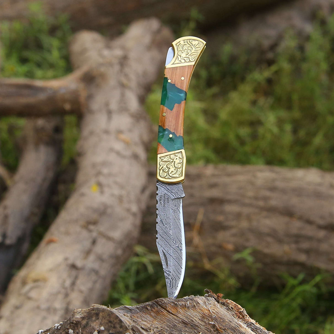 Flashblade Handmade Damascus Best EDC Pocket Knife with Leather Sheath &amp; Olive Wood Handle