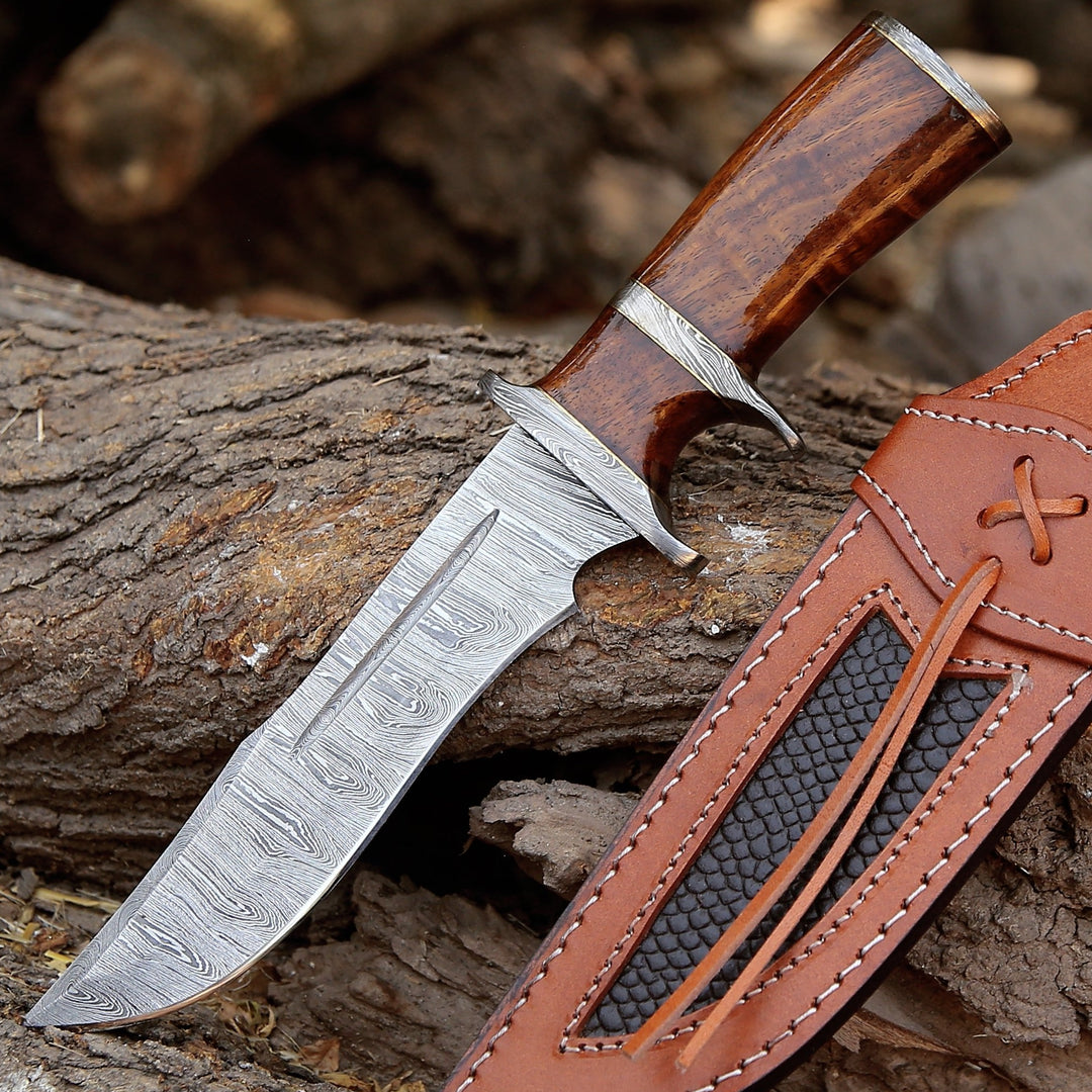 Raider Damascus Steel Bowie Knife with Exotic Rose Wood Handle &amp; Sheath