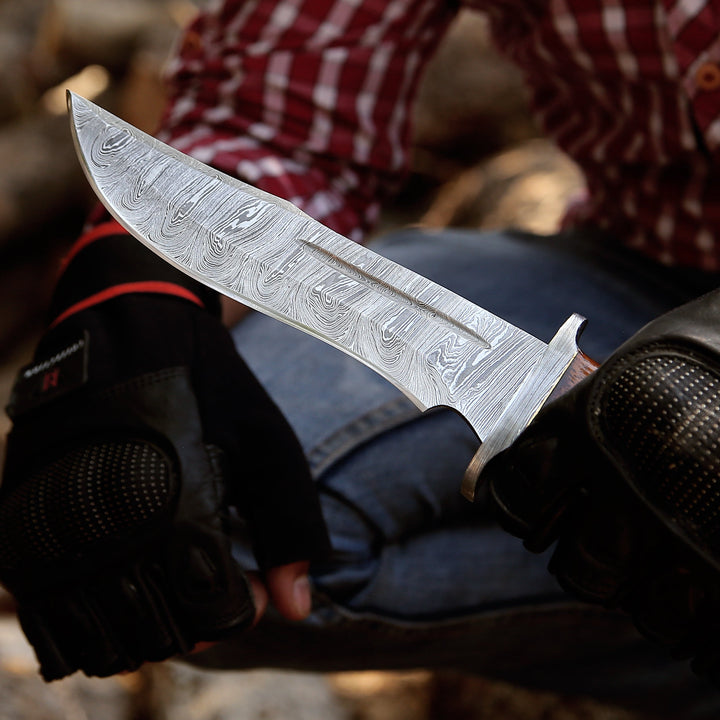 Raider Damascus Steel Bowie Knife with Exotic Rose Wood Handle &amp; Sheath