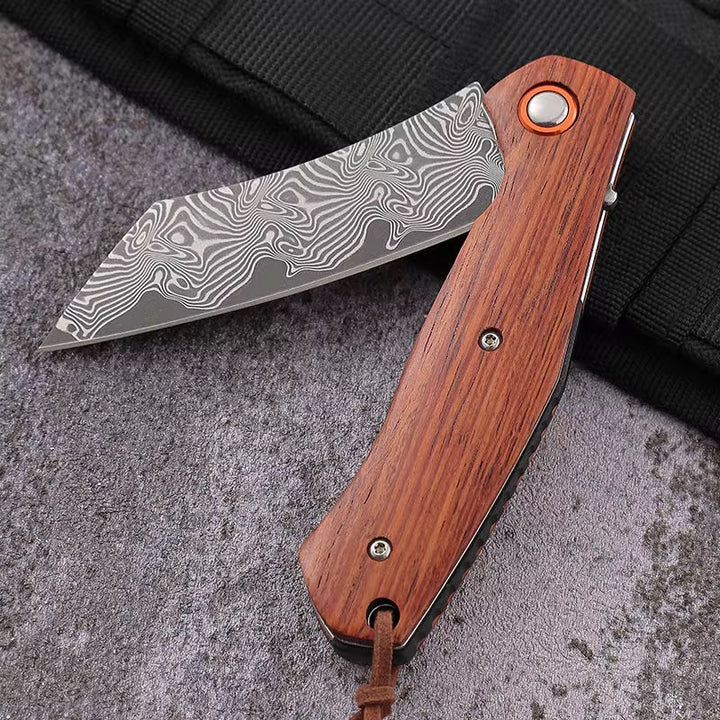 Damascus Knife - Dominator Japanese VG10 Damascus Pocket Knife with Sandalwood Handle & Sheath - Shokunin USA