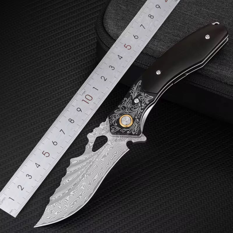 Damascus Knife - Specter Handmade Japanese VG10 Damascus Pocket Knife with Sheath & Ebony Wood Handle - Shokunin USA