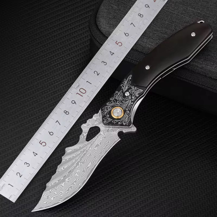 Damascus Knife - Specter Handmade Japanese VG10 Damascus Pocket Knife with Sheath & Ebony Wood Handle - Shokunin USA