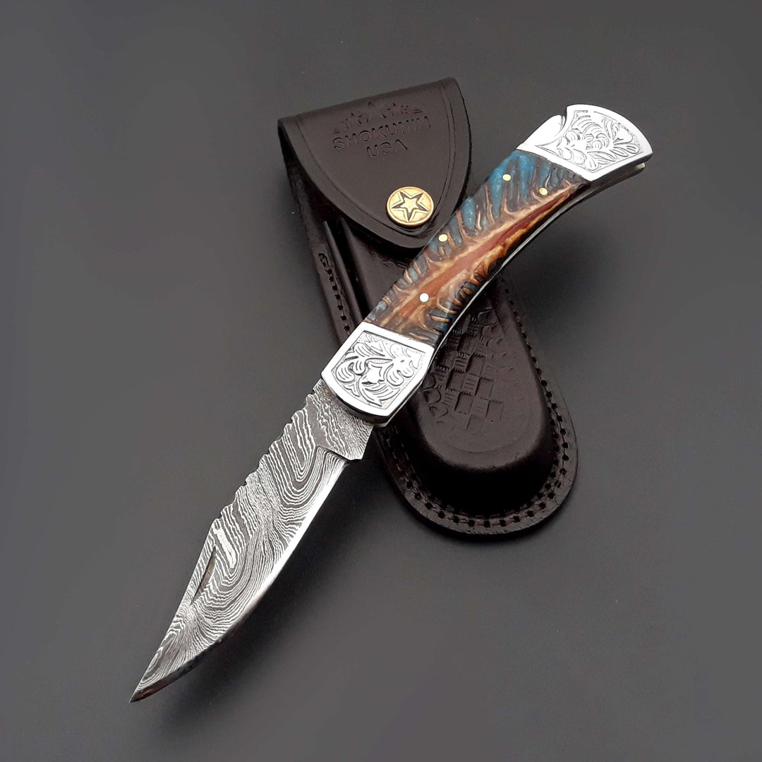 Custom Folding Knives - Striker Custom Folding Knife with Pine Cone Handle - Shokunin USA