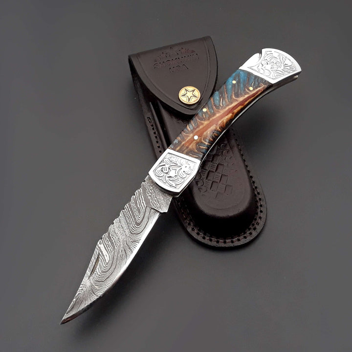 Custom Folding Knives - Striker Custom Folding Knife with Pine Cone Handle - Shokunin USA