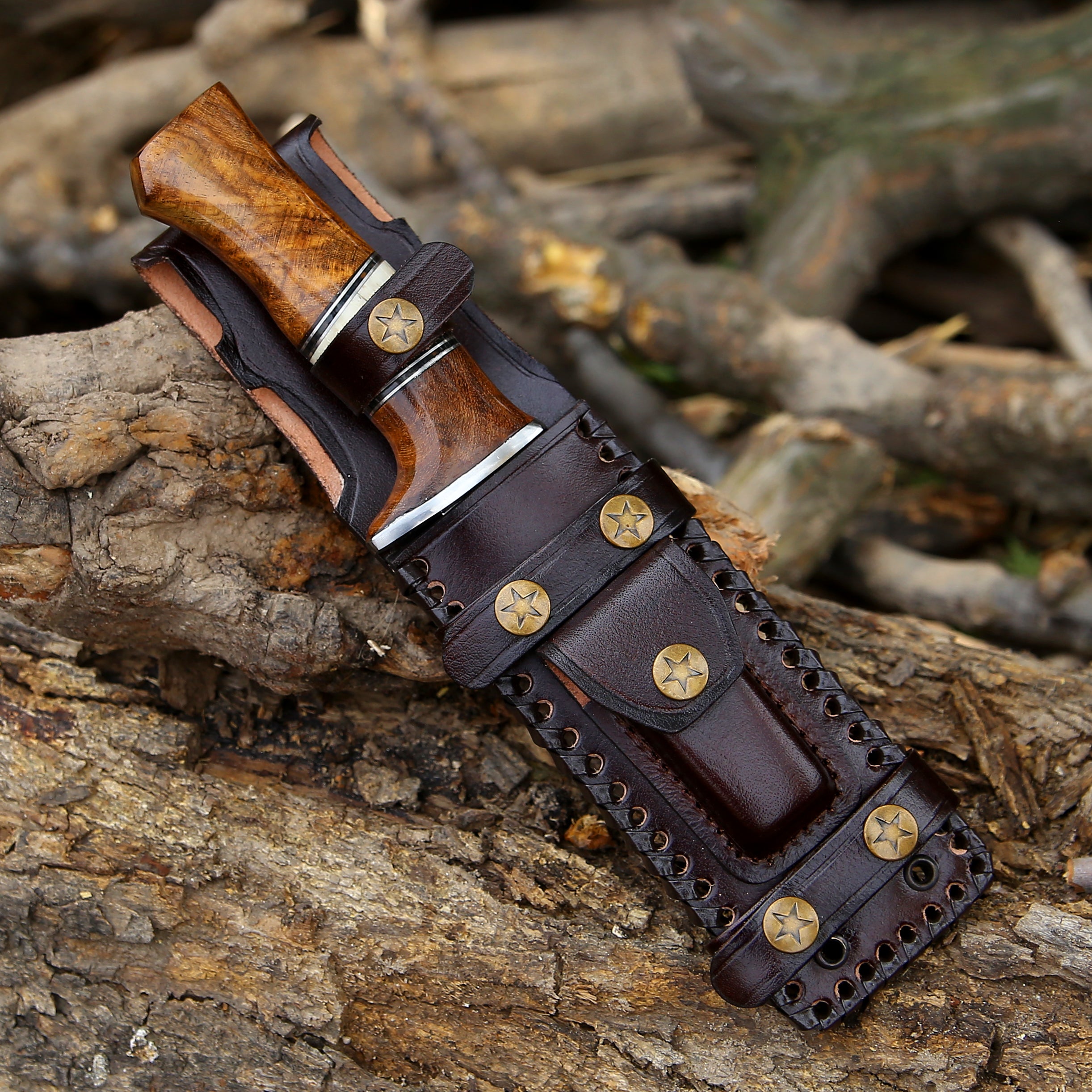 Custom Hunting Knife - Annihilator Custom Feather Damascus Hunting Knife with Exotic Rose Wood Handle - Shokunin USA