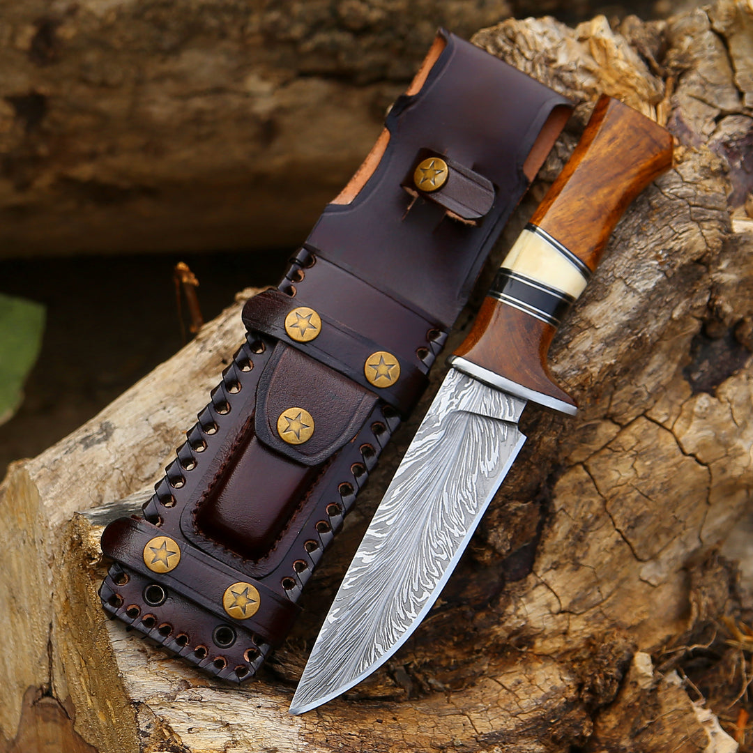Custom Hunting Knife - Annihilator Custom Feather Damascus Hunting Knife with Exotic Rose Wood Handle - Shokunin USA