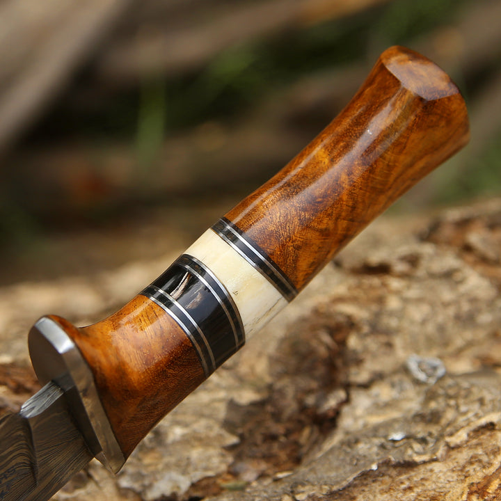Custom Hunting Knife - Annihilator Custom Feather Damascus Hunting Knife with Exotic Rose Wood Handle - Shokunin USA