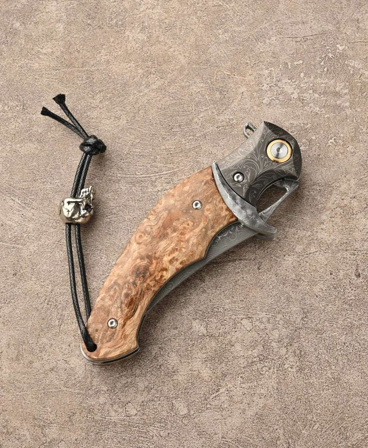 Damascus Knife - Crest Japanese Damascus Pocket knife with Maple Burl Handle - Shokunin USA