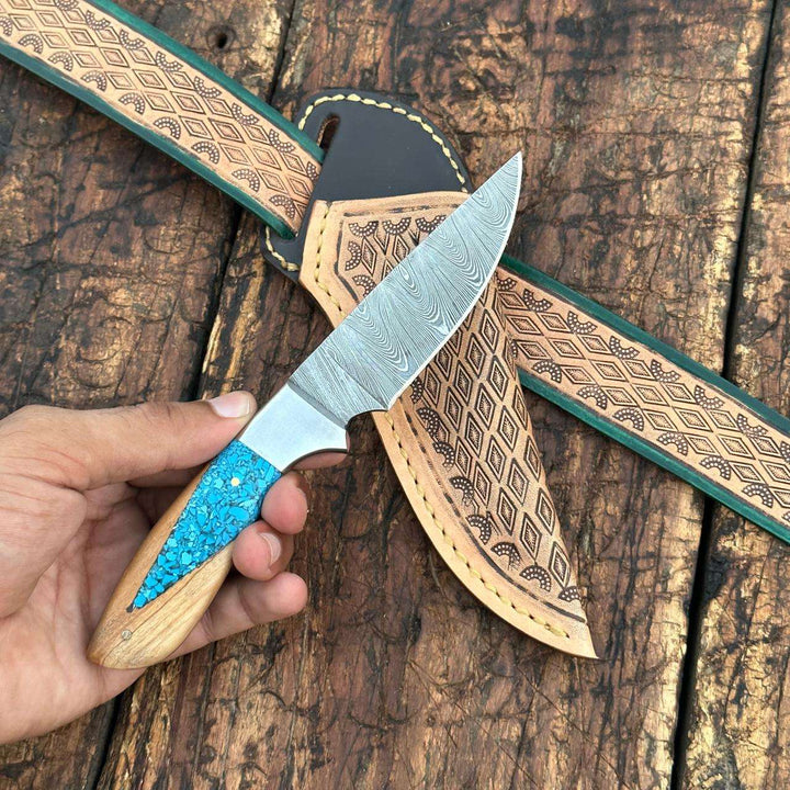 Fixed blade knife. - Canyon Damascus Skinner Knife with Hand tooled Sheath & Belt - Shokunin USA