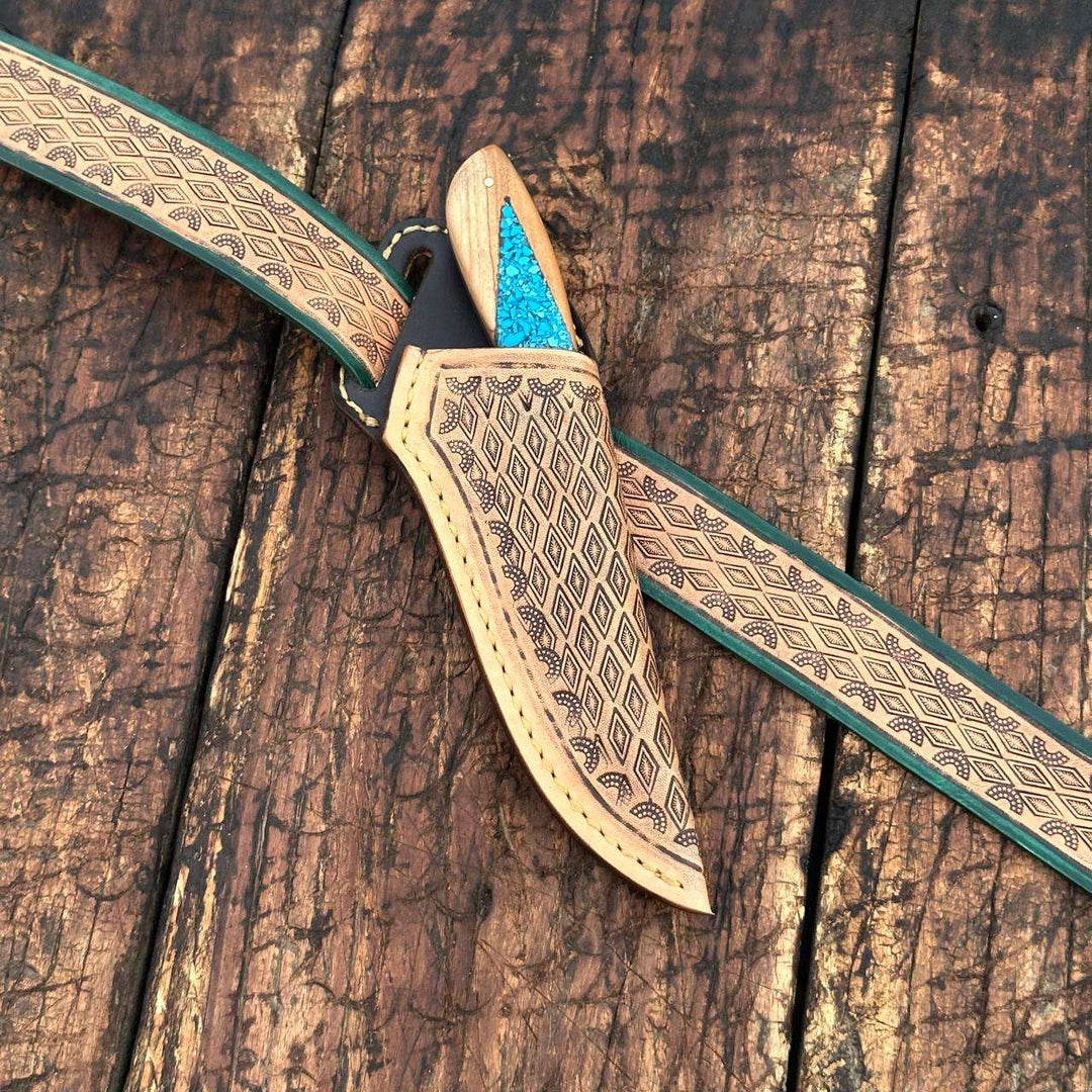 Fixed blade knife. - Canyon Damascus Skinner Knife with Hand tooled Sheath & Belt - Shokunin USA