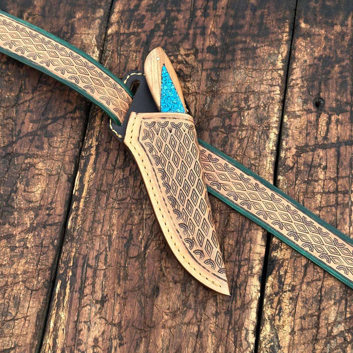 Fixed blade knife. - Canyon Damascus Skinner Knife with Hand tooled Sheath & Belt - Shokunin USA