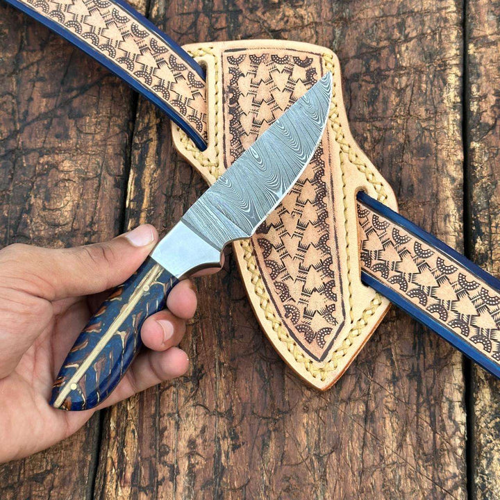 Fixed blade knife. - Rio Grande Damascus Skinner Knife with Handtooled Sheath & Belt - Shokunin USA